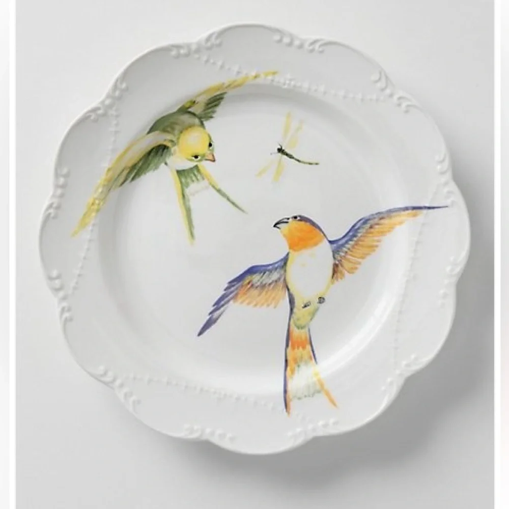 Decorative Scallop Plate with Birds and Dragonfly 10.5”